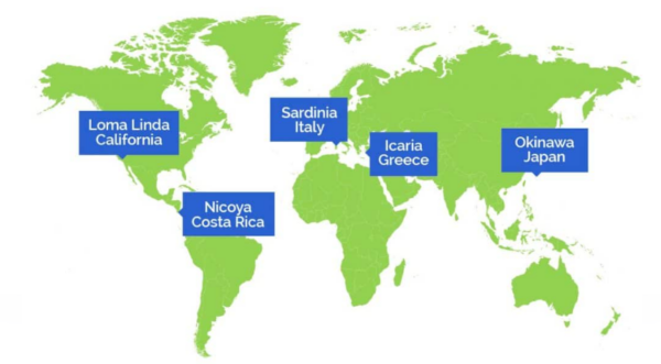 a lime green map of the world on a white background showing all of the Blue Zones' locations: Loma Linda, CA; Nicoya, Costa Rica; Sardinia, Italy, Icaria Greece and Okinawa Japan.