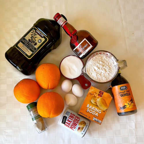 Photo of ingredients used for the orange olive oil cake.