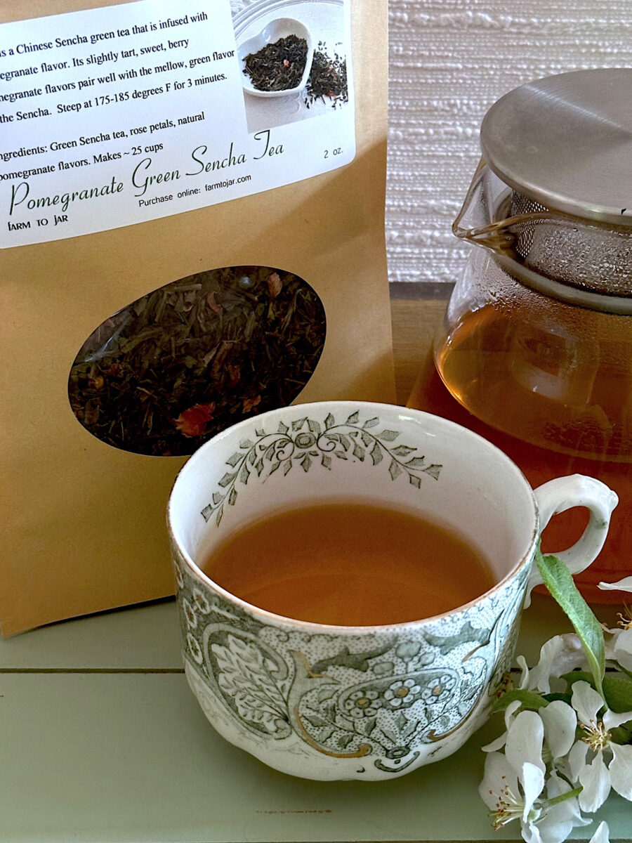 Green sencha and pomegranate looseleaf tea from Dorothy Stainbrook's Wellness tea collection