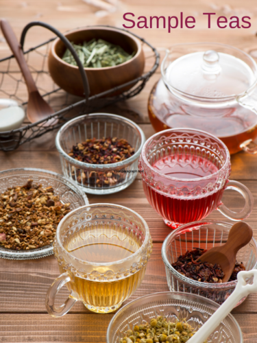 Arrangement of different tea samples, brewed and looseleaf