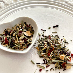 Fruit and elderberry looseleaf tea in heart shaped dish