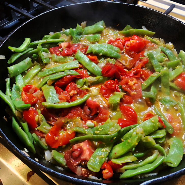 Italian Romano Beans (Flat Beans) with Smashed Cherry Tomatoes