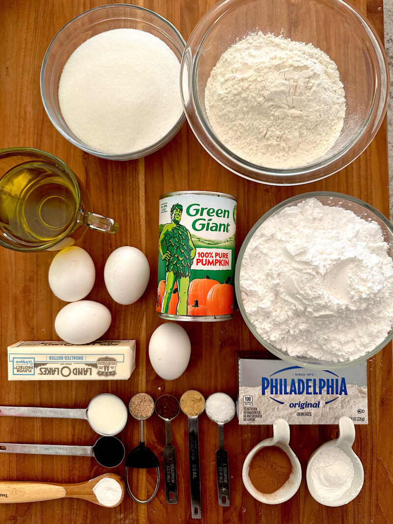 Ingredients for pumpkin bars with cream cheese frosting