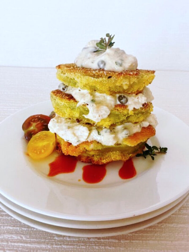 Fried green tomatoes and crab salad stack