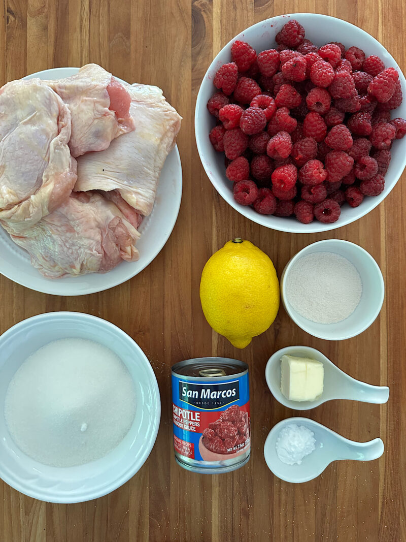 Ingredients for raspberry chipotle baked chicken thighs.