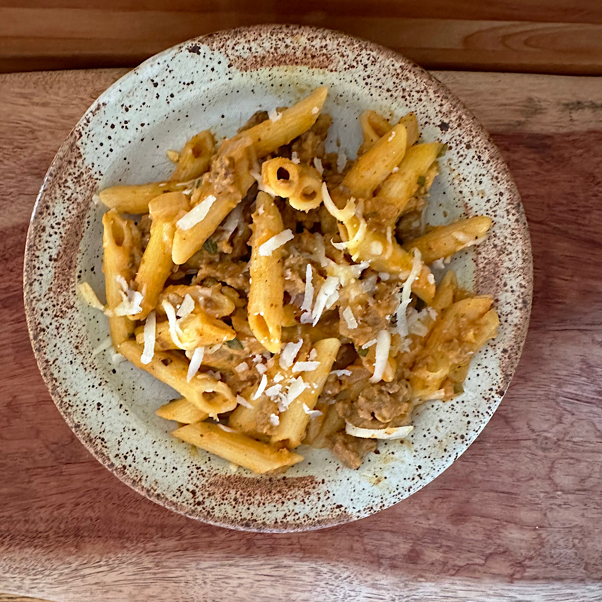 Bowl of pumpkin sausage pasta.