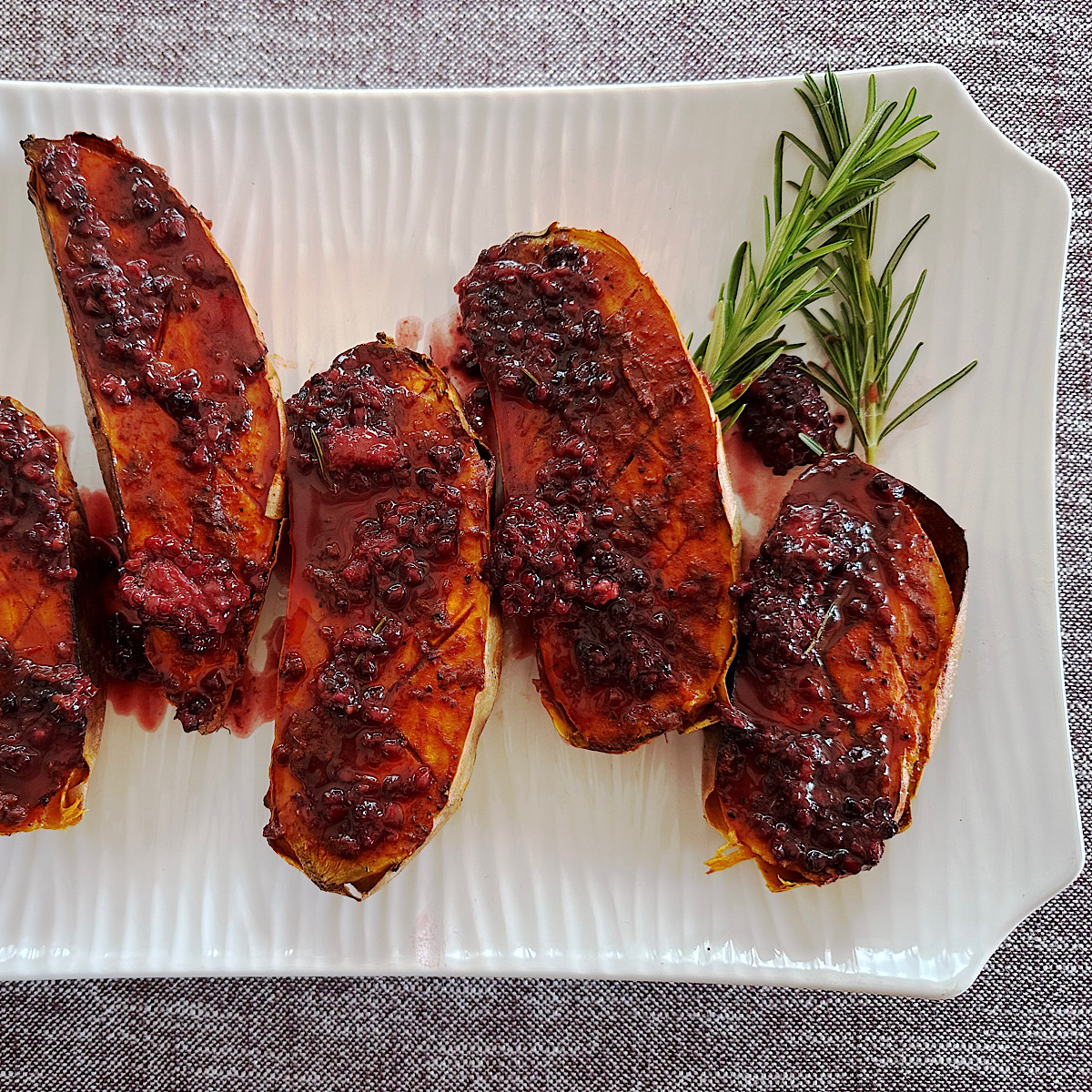 Roasted sweet potatoes with blackberry-rosemary compote