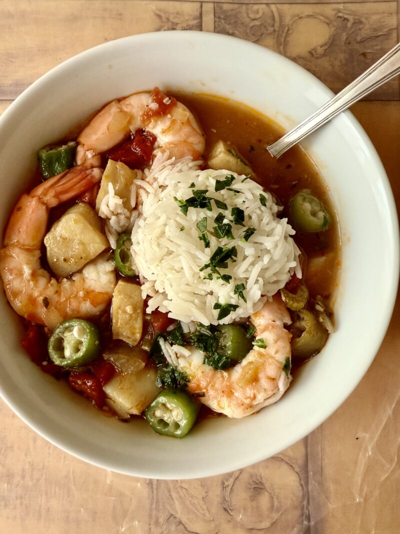 Louisiana seafood gumbo in a white bowl