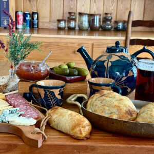 Layout of the ingredients of a ploughman's lunch at HeathGlen farm's table