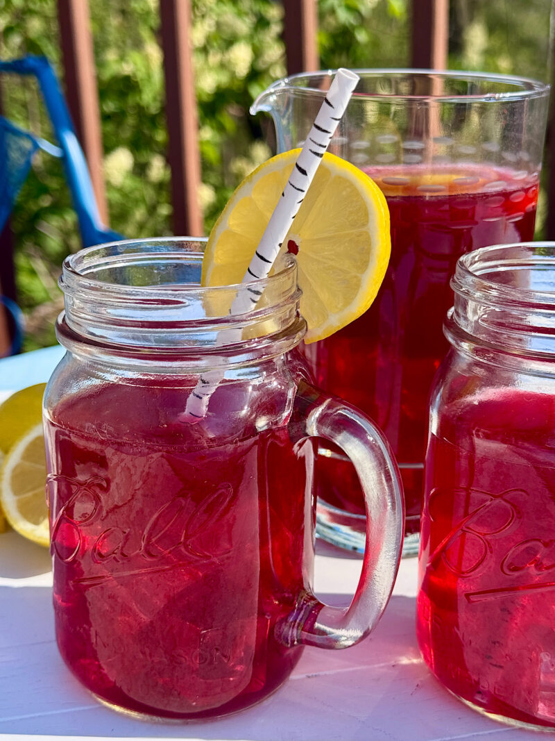 Hibiscus drink in glass with lemon garnish on the deck in summer.