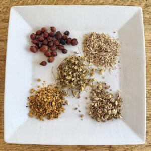 Herbs for joint pain: rose hips, nettle, ginger, turmeric and chamomile.