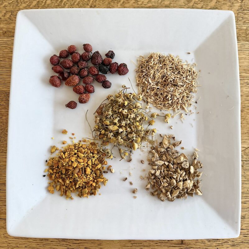 Herbs for joint pain: rose hips, nettle, ginger, turmeric and chamomile.