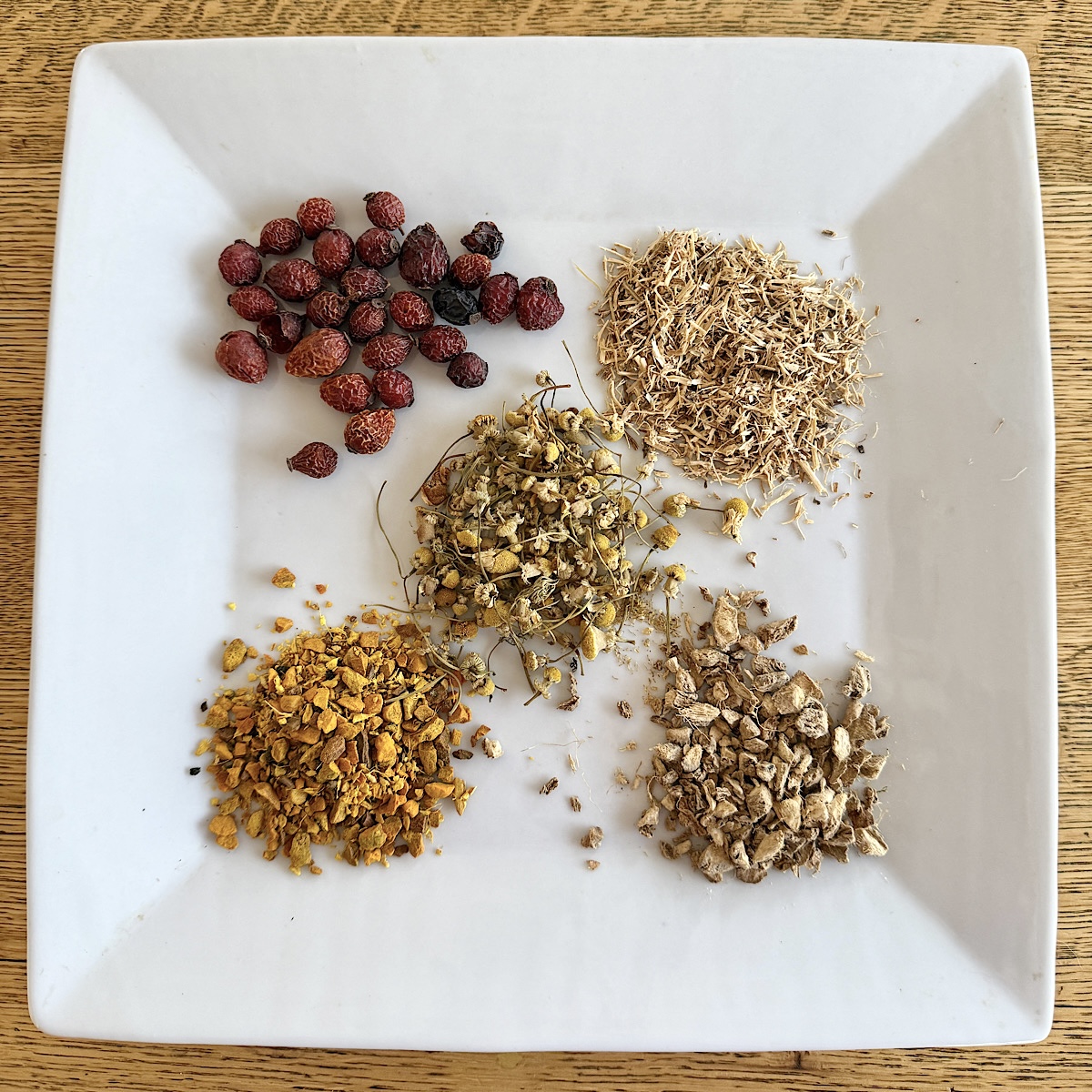 Herbs for joint pain: rose hips, nettle, ginger, turmeric and chamomile.