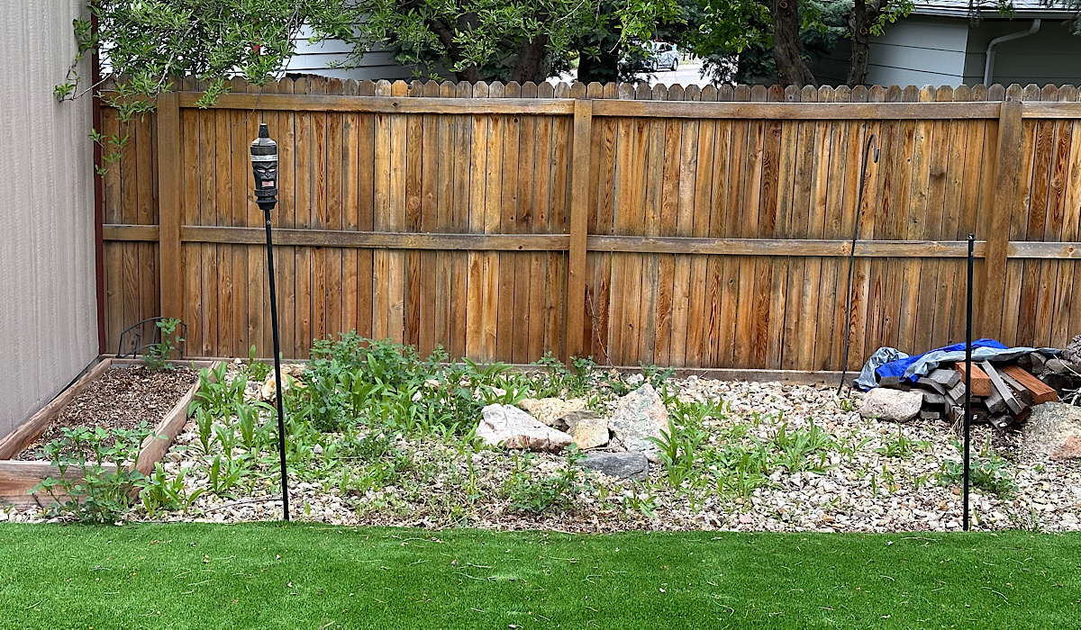 Before photo of turf and gravel back yard that is getting prepped to have a container vegetable garden.