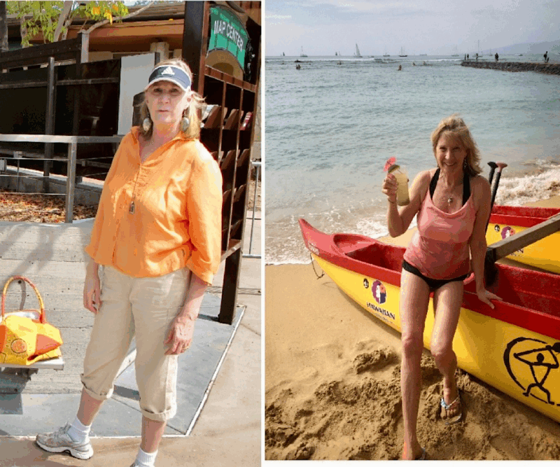 Dorothy "before and after" 1 year on the slow carb diet (4-hour body diet from Tim Ferriss)