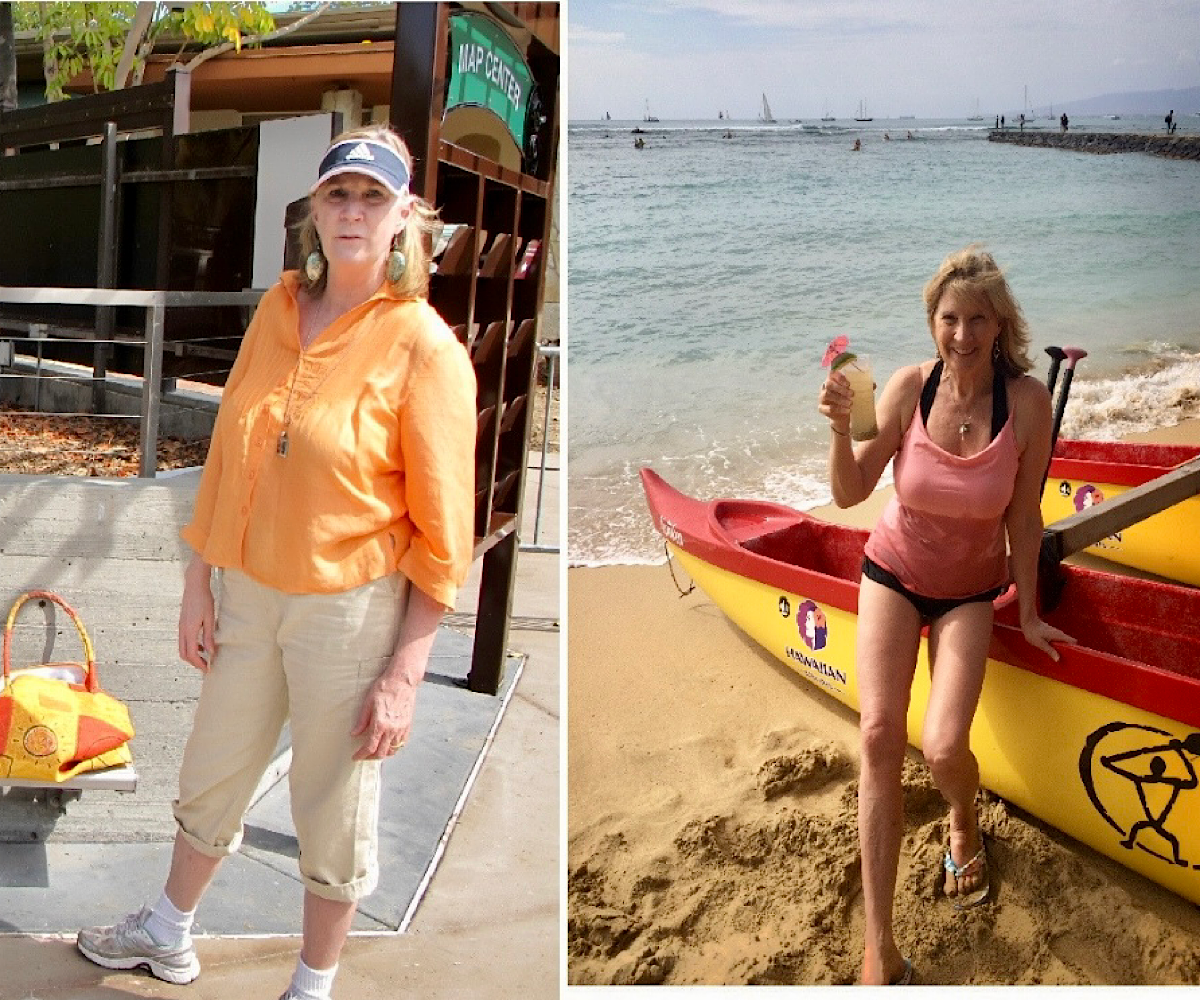 Dorothy "before and after" 1 year on the slow carb diet (4-hour body diet from Tim Ferriss)
