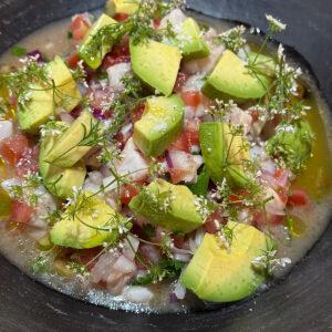 Fresh ceviche with white fish and charred habanero and sour orange, made in Oaxaca, Mexico