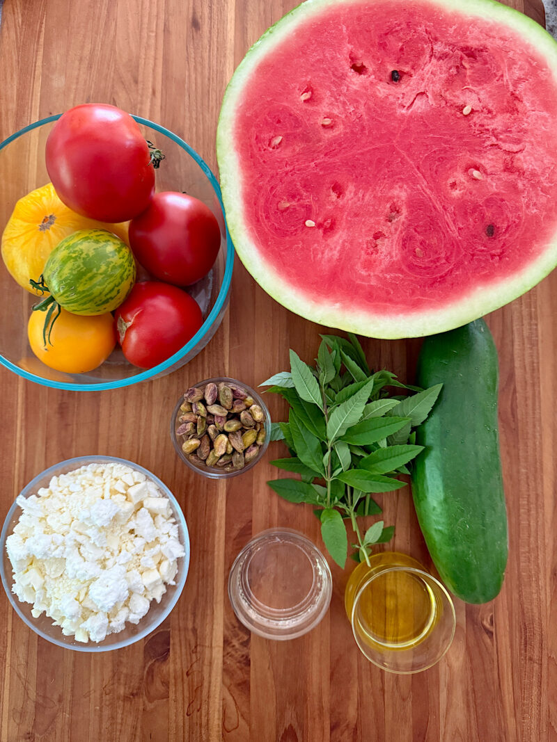 ingredients for tomato watermelon feta salad prepared for MN Dames at Heathglen Farm.